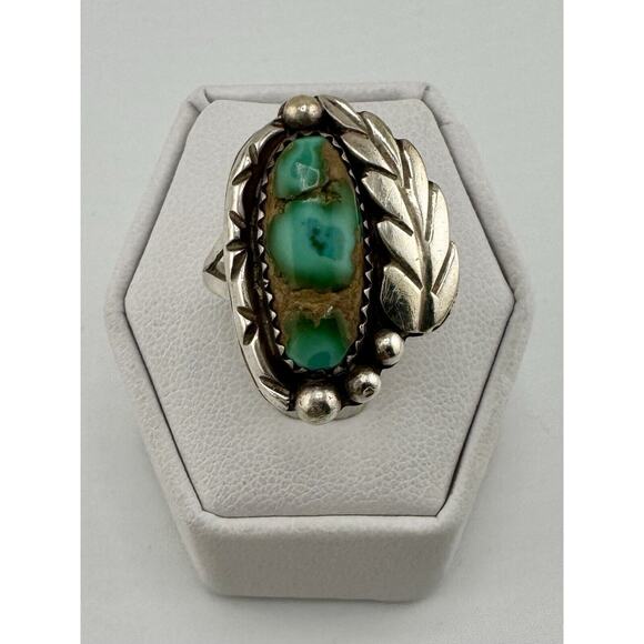 Vintage Betty Thomas Sanel Navajo Sterling Silver 925 Turquoise Leaf Ring - Picture 3 of 8